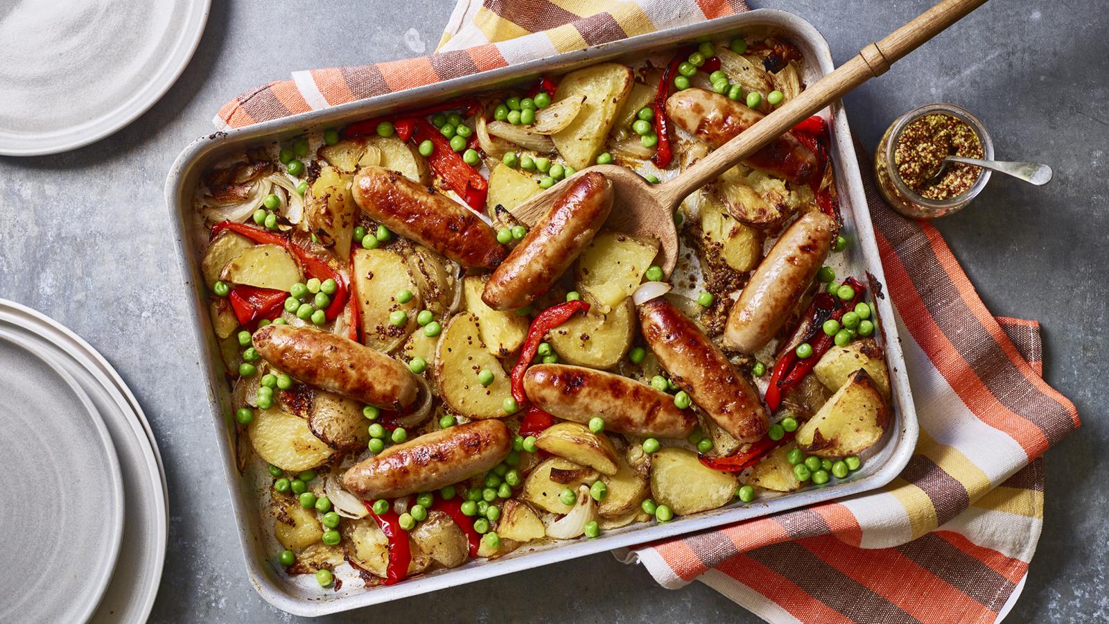 Sticky sausage and potato traybake- delicious 1 hour dinner! 